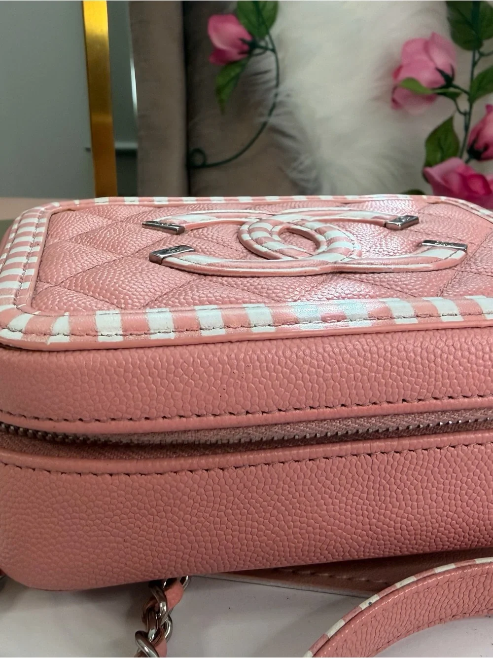 Chanel Pink Caviar Leather Striped La Pausa Camera Bag Case Crossbody Black Card